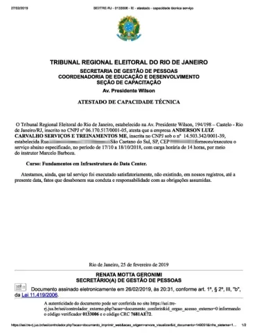 TRE-RJ-0133006-IE-atestado-capacidade-técnica-serviço-1_Página_1-791x1024 O curso online DC100 Fundamentos em Infraestrutura de Data Centers, tem como objetivo introduzir o aluno ao mundo dos data centers, apresentando os principais elementos e disciplinas de engenharia que compõe esses ambientes críticos de processamento e armazenamento de dados. Será dada uma visão geral de cada área, preparando o aluno para posteriores especializações. O curso online DC100 Fundamentos em Infraestrutura de Data Centers, é indicado a profissionais da área de TI e telecomunicações, engenharia elétrica e mecânica, arquitetos, gerentes de projeto de TI e data center.