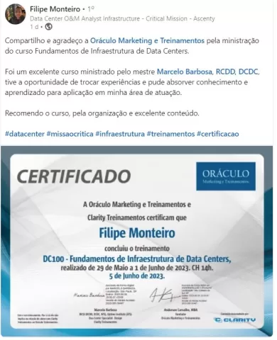 FILIPE MONTEIRO O curso online DC100 Fundamentos em Infraestrutura de Data Centers, tem como objetivo introduzir o aluno ao mundo dos data centers, apresentando os principais elementos e disciplinas de engenharia que compõe esses ambientes críticos de processamento e armazenamento de dados. Será dada uma visão geral de cada área, preparando o aluno para posteriores especializações. O curso online DC100 Fundamentos em Infraestrutura de Data Centers, é indicado a profissionais da área de TI e telecomunicações, engenharia elétrica e mecânica, arquitetos, gerentes de projeto de TI e data center.