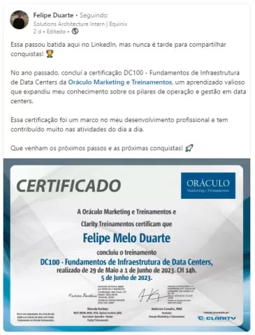 felipe duarte O curso online DC100 Fundamentos em Infraestrutura de Data Centers, tem como objetivo introduzir o aluno ao mundo dos data centers, apresentando os principais elementos e disciplinas de engenharia que compõe esses ambientes críticos de processamento e armazenamento de dados. Será dada uma visão geral de cada área, preparando o aluno para posteriores especializações. O curso online DC100 Fundamentos em Infraestrutura de Data Centers, é indicado a profissionais da área de TI e telecomunicações, engenharia elétrica e mecânica, arquitetos, gerentes de projeto de TI e data center.