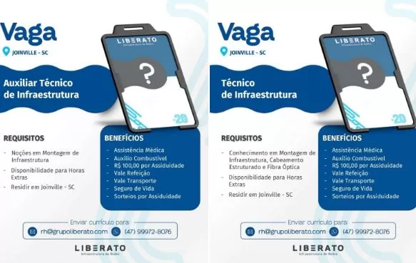 ? **Novas oportunidades na área de telecomunicações!** Se você é apaixonado por tecnologia e infraestrutura, essa pode ser a chance perfeita para dar um novo passo na sua carreira. Estamos em busca de profissionais comprometidos e que valorizam organização, iniciativa e boa comunicação para integrar nosso time! ### ? Técnico de Infraestrutura Se você tem experiência com **fusão de fibras ópticas**, **certificação de redes**, além de **instalação e configuração de sistemas de controle de acesso e CFTV**, essa vaga pode ser ideal para você! Também buscamos profissionais com habilidade na **montagem de infraestrutura elétrica** (eletrocalhas e perfilados) e que tenham **disponibilidade para viagens e flexibilidade para horas extras**. ### ? Auxiliar Técnico de Infraestrutura Se você está começando na área, essa posição pode ser uma ótima oportunidade para aprender e crescer! Buscamos profissionais com **conhecimento básico em infraestrutura**, especialmente na **montagem de eletrocalhas e perfilados**, além de disponibilidade para viagens e flexibilidade para horas extras. ? **Diferenciais:** ? Conhecimento em fusão de fibras ópticas. ? Experiência ou certificação na área de infraestrutura e telecomunicações. ? **Horário de trabalho:** ? 07h30 às 12h00 | 13h12 às 17h30 ? **Envie seu currículo para nosso WhatsApp:** (47) 9 9972-8076 Não perca essa chance de crescer profissionalmente e fazer parte de um time que valoriza o seu talento! ?