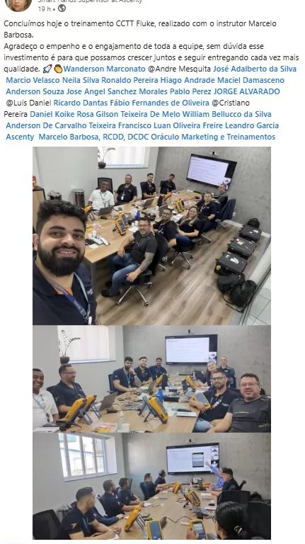 Mais uma turma do curso de certificação CCTT Fluke concluída com sucesso. Treinamento incompany.